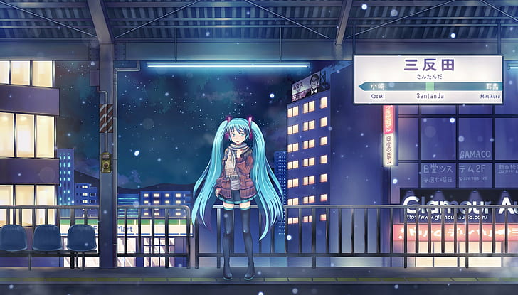 anime, cityscapes, girls, hatsune, highs, miku, scarfs, snow, thigh, twintails, vocaloid, winter, HD wallpaper