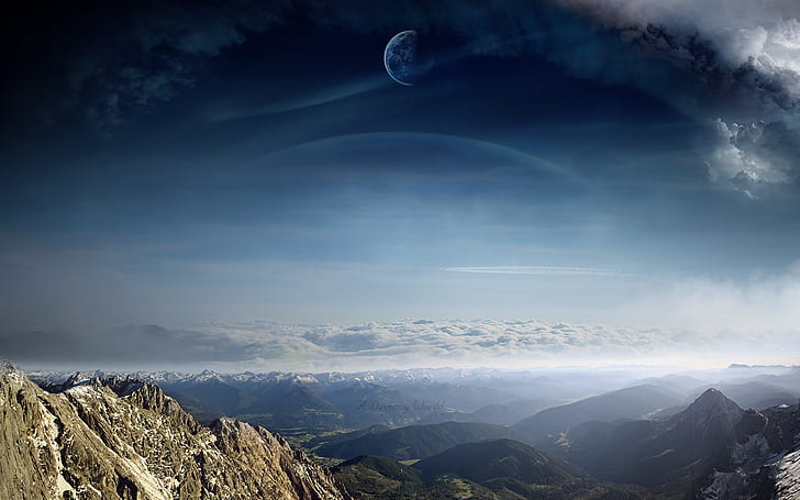 alien landscapes, clouds, digital art, dreamy, landscapes, manipulations, moons, mountains, planets, scenic, sci fi, skies, HD wallpaper