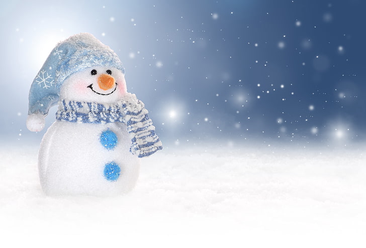 white snowman plush toy, winter, snow, New Year, snowman, Christmas, HD wallpaper