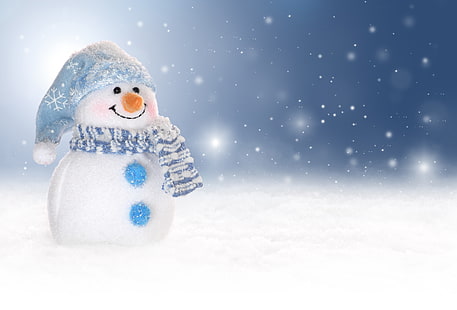 white snowman plush toy, winter, snow, New Year, snowman, Christmas, HD wallpaper HD wallpaper
