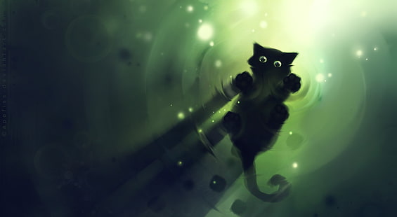 Katze zu Fuß auf dem Wasser, schwarze Katze Illustration, Künstlerisch, Fantasie, Gehen, Schön, Grün, Kätzchen, Schwarz, Wasser, Kunstwerk, Kätzchen, Tier, Malen, Niedlich, Katzenmalerei, erstaunt, schwarze Katze, HD-Hintergrundbild HD wallpaper