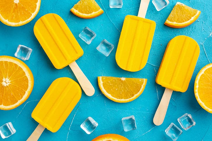 фон, апельсины, мороженое, эскимо, дольки, кубики льда, апельсин, HD обои