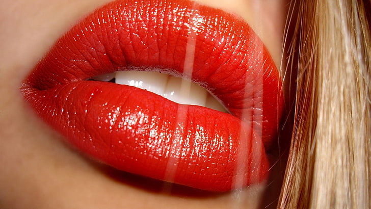 woman's lips, girl, lips, lipstick, teeth, makeup, HD wallpaper