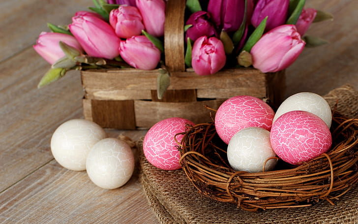 Easter, nest, eggs, pink, white, tulip flowers, basket, Easter, Nest, Eggs, Pink, White, Tulip, Flowers, Basket, HD wallpaper