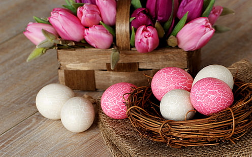 Wielkanoc, gniazdo, jajka, różowy, biały, kwiaty tulipanów, kosz, Wielkanoc, gniazdo, jaja, różowy, biały, tulipan, kwiaty, kosz, Tapety HD HD wallpaper
