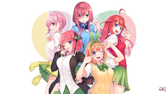 аниме, аниме момичета, 5-toubun no Hanayome, Nakano Miku, Nakano Nino, Nakano Yotsuba, Nakano Ichika, Nakano Itsuki, училищна униформа, слушалки, HD тапет HD wallpaper