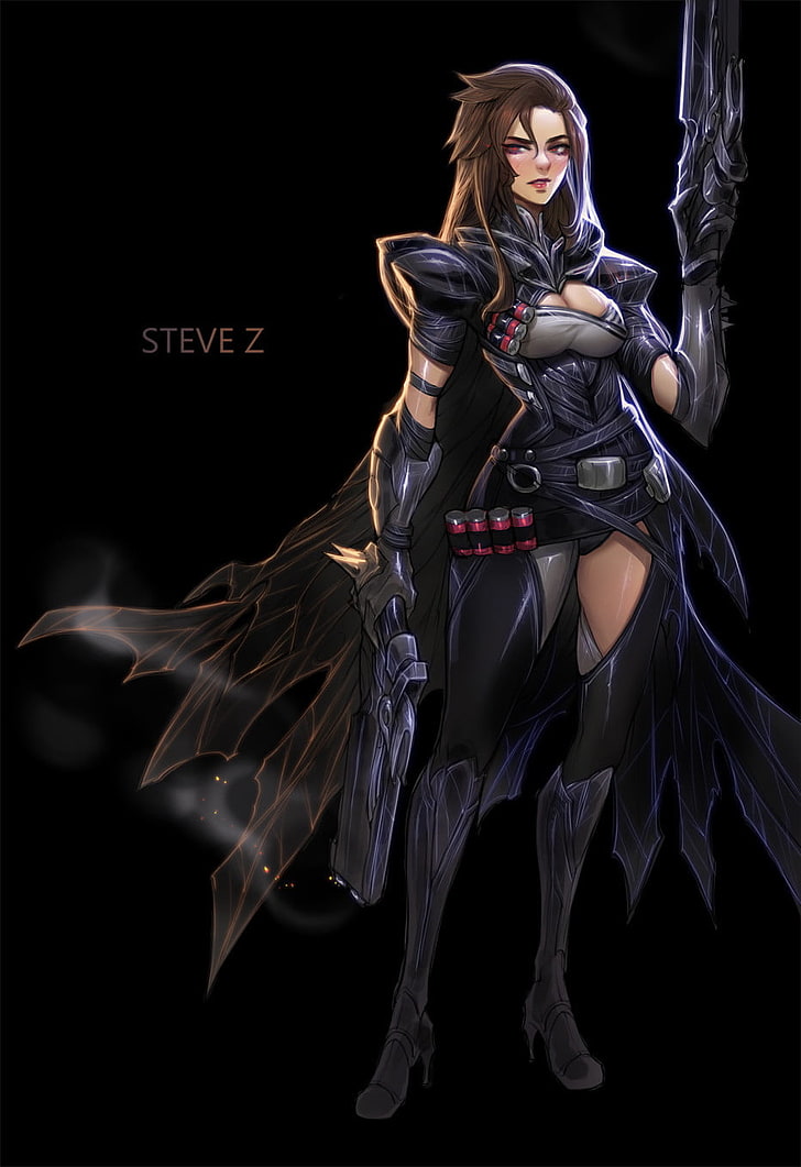 Steve Z håller två pistol karaktär tapeter, kvinnor, reaper, hagelgevär, huva, stövlar, brunett, ritning, Steve Zheng, Overwatch, genderswap, HD tapet, telefon tapet
