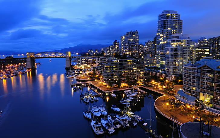 도시 풍경, 밴쿠버, 도시, 항구, 보트, 도시 조명, 다리, HD 배경 화면