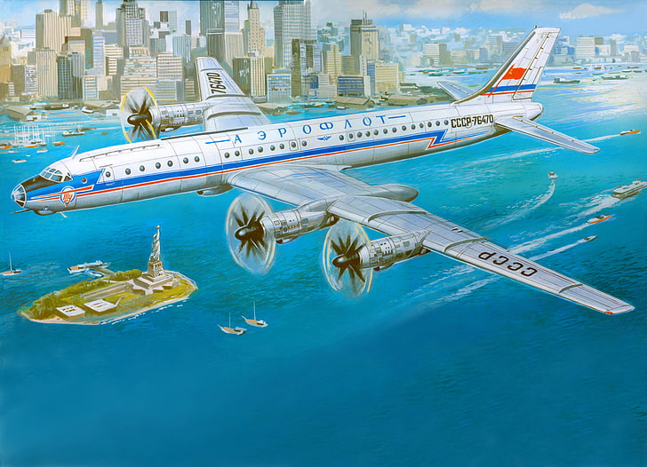 white and blue CCP plane over New York sea digital wallpaper, aviation, the city, art, USSR, the plane, New York, Aeroflot, passenger, Soviet, turboprop, Tu-114, HD wallpaper