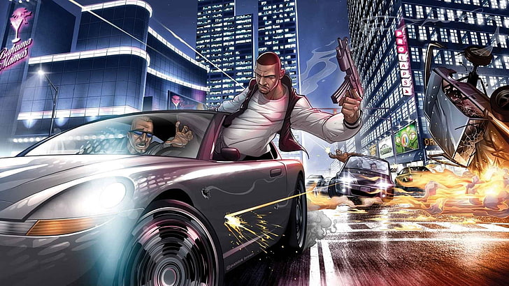 człowiek trzymający karabin maszynowy prowadzący samochód cyfrowa tapeta, Grand Theft Auto IV, GTA, Patrick Brown, Tapety HD