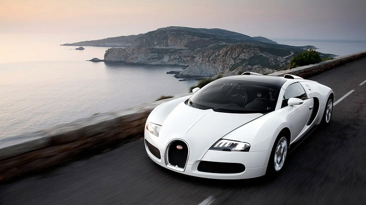 car, Bugatti Veyron, white cars, sea, road, vehicle, HD wallpaper