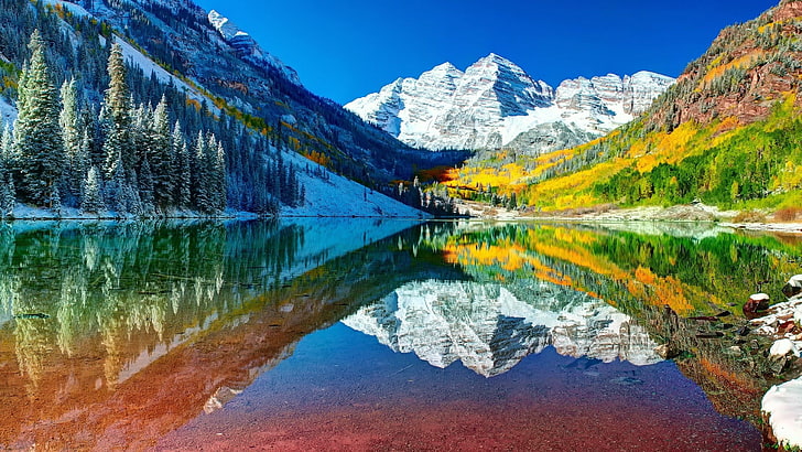 空、青空、アメリカ、木、秋、水、山脈、銀行、アメリカ合衆国、反射、コロラド、湖、アスペン、山、あずき色の鐘、荒野、自然、 HDデスクトップの壁紙