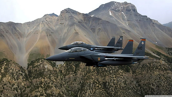 två grå stridsflygplan, flygplan, flygplan, jetfighter, F-15 Strike Eagle, militära flygplan, HD tapet HD wallpaper