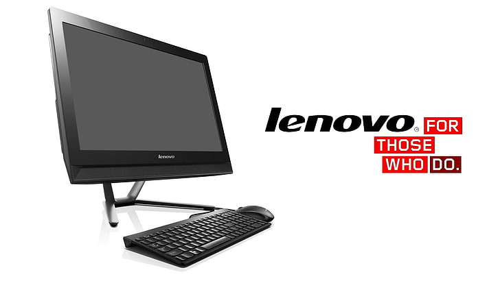 Płaski monitor komputerowy Lenovo, klawiatura i mysz, Lenovo, komputer All in One, komputer, technologia, Tapety HD