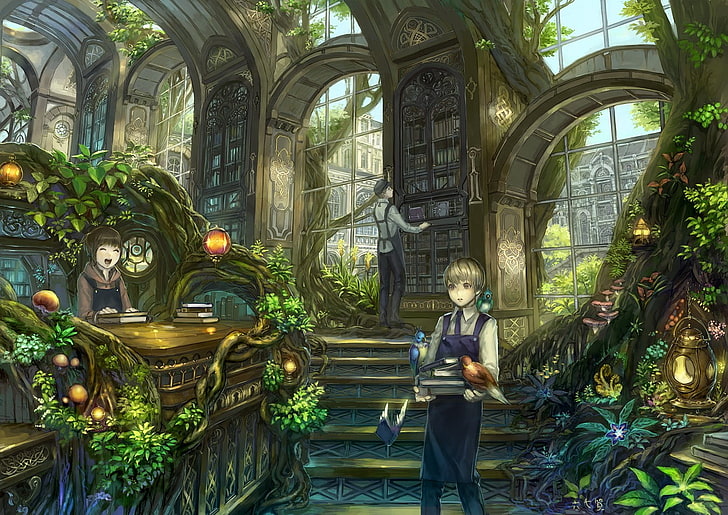 Ilustración de anime, biblioteca, árboles, libros, pájaros, magia, Fondo de pantalla HD