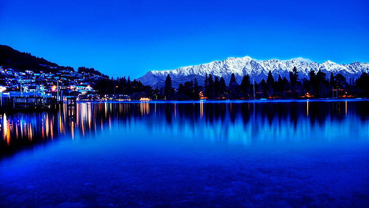 lake, nature, night, mountain, blue, water, body of water, blue mountains, blue hour, lake wakatipu, dusk, new zealand, HD wallpaper
