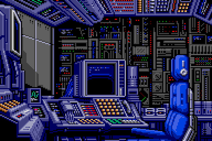 синий компьютерный монитор с игрой на стуле, цифровые обои, цифровое искусство, пиксель арт, пиксели, пикселированный, компьютер, кресло, монитор, технология, HD обои
