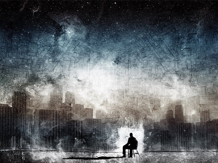 silhouette of man sitting on chair beside buildings painting, Alex Cherry, artwork, digital art, city, night, HD wallpaper