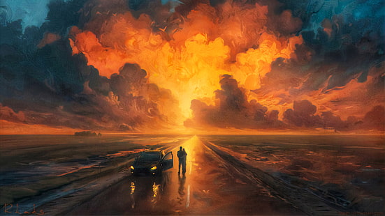illustration, sky, sunset, car, painting, artwork, fantasy art, RHADS, vehicle, road, HD wallpaper HD wallpaper