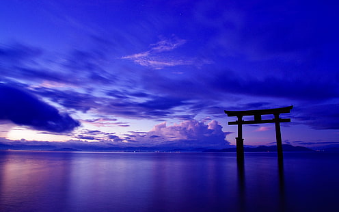 Japonia, ocean, niebo, chmury, brama, torii, zmierzch, świątynia itsokushima, Japonia, ocean, niebo, chmury, brama, zmierzch, Tapety HD HD wallpaper