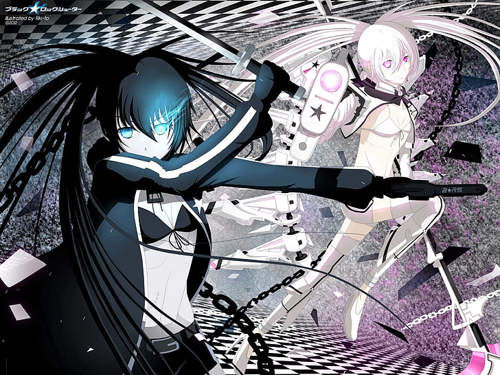 wanita berambut hitam memegang ilustrasi pistol dan pedang, Anime, Black Rock Shooter, White Rock Shooter, Wallpaper HD