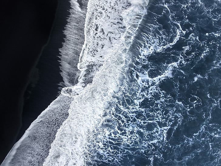 agua, drone, arena negra, olas, orilla, paisaje, vista aérea, Océano Pacífico, naturaleza, Fondo de pantalla HD