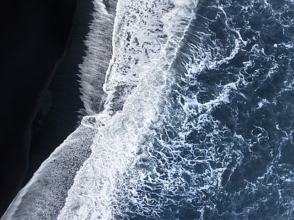 вода, дрон, черный песок, волны, берег, пейзаж, вид с воздуха, Тихий океан, природа, HD обои HD wallpaper