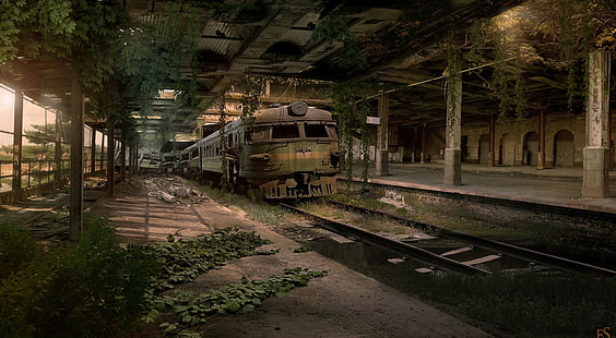 محطة قطار مهجورة ، رسم توضيحي للقطار الرمادي ، إيرو ، إبداعي، خلفية HD HD wallpaper