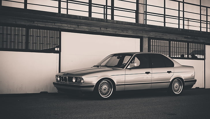 silver BMW sedan, BMW, Classic, E34, BBS, sida, HD tapet