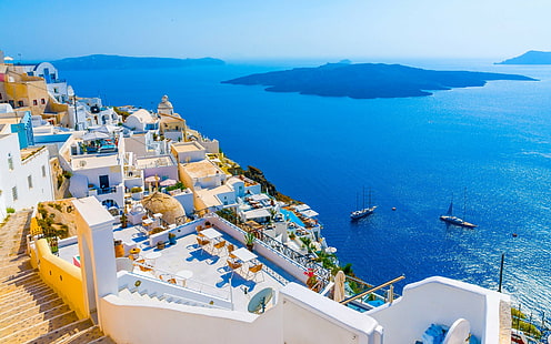 المدن ، سانتوريني ، اليونان ، الأفق ، البحر الأيوني ، المحيط، خلفية HD HD wallpaper