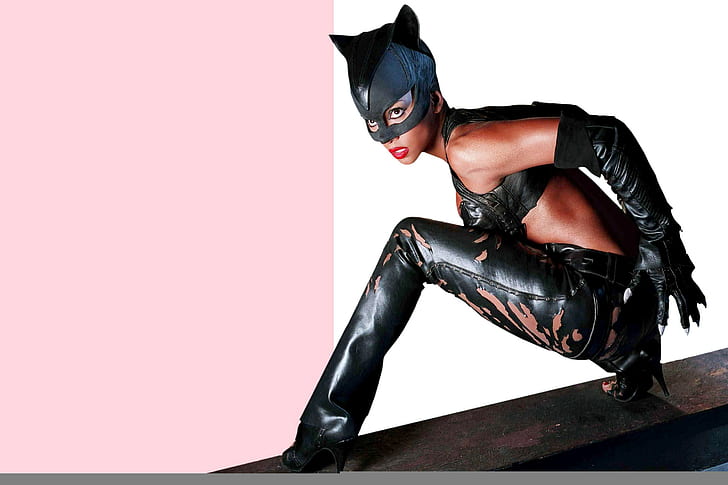 Halle Berry, catwoman, catwoman costume, pink, actress, black, white, background, woman, glamour, gloves, top, mask, batman, posing, babe, cat, movie, leather, pants, Halle Berry, ebony, Hollywood, costum, high heels, catwoman, open mouth, tension, latex, whip, want to sing, HD wallpaper