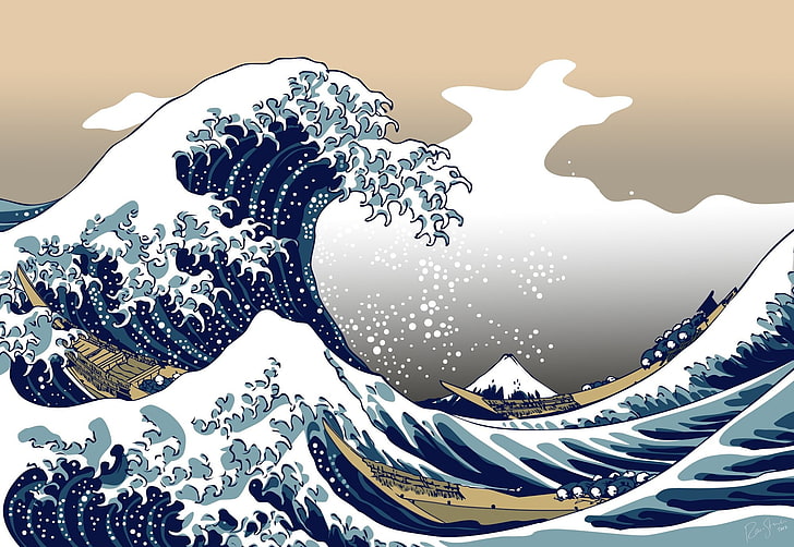 ilustrasi gelombang laut, alam, biru, Gelombang Hebat di Kanagawa, Wallpaper HD