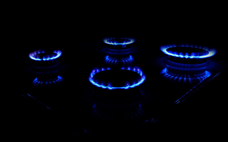 fogão a gás preto com 4 queimadores, fogo, chamas azuis, minimalismo, HD papel de parede