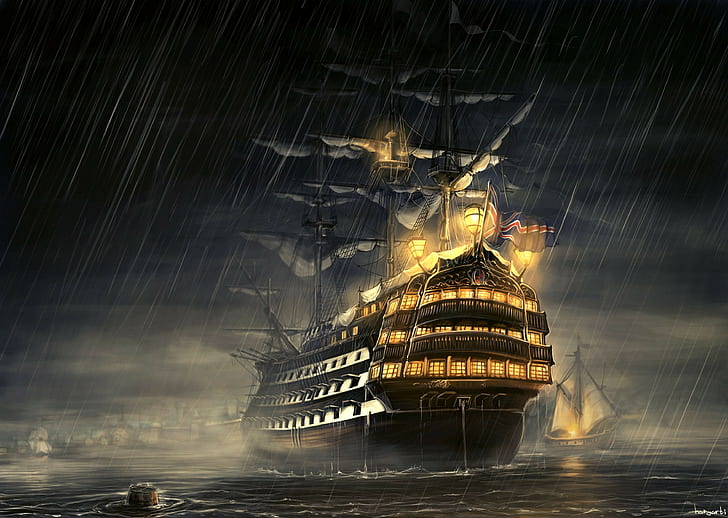 old ship, ship, artwork, haryarti, rain, sea, HD wallpaper