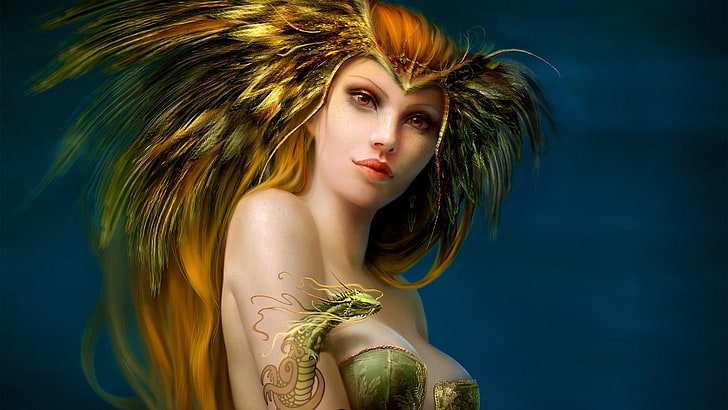 woman game character illustration, dragon, feathers, tattoo, HD wallpaper