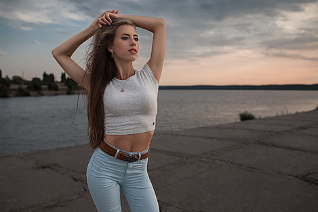 women outdoors, arms up, long hair, jeans, women, model, Dmitry Shulgin, HD wallpaper HD wallpaper