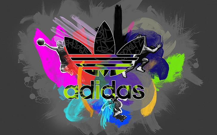 カラフルなアディダスのロゴ、バスケットボール、サッカー、スポーツ、ロゴ、色、 HDデスクトップの壁紙