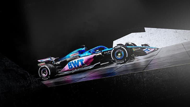 สูตร 1 รถสูตร เรโนลต์อัลไพน์ ทีมอัลไพน์ F1 อัลไพน์ A523 ยานพาหนะ มอเตอร์สปอร์ต พื้นหลังสีเข้ม ภาพสะท้อน รถ, วอลล์เปเปอร์ HD