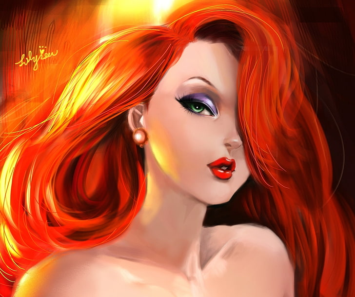 red-haired female vector art, look, girl, makeup, art, red hair, green eyes, Jessica Rabbit, HD wallpaper