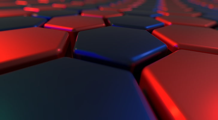 Rojo, azul, hexágonos abstractos Fondo de pantalla HD, fondo de pantalla de botón rojo y negro, artístico, 3D, abstracto, colorido, azul, rojo, borroso, Fondo de pantalla HD