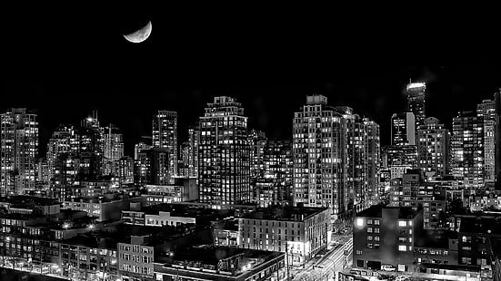 ดวงจันทร์, กลางคืน, เมือง, แสงไฟของเมือง, ขาวดำ, ท้องฟ้ายามค่ำคืน, ไฟ, ขาวดำ, phpto, ถ่ายภาพขาวดำ, วอลล์เปเปอร์ HD HD wallpaper