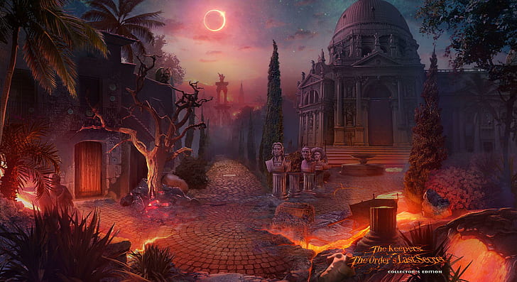 The Keepers 2 - The Order's Last Secret4, brown concrete cathedral under orange and black moon wall paper, hidden object, video games, games, HD wallpaper
