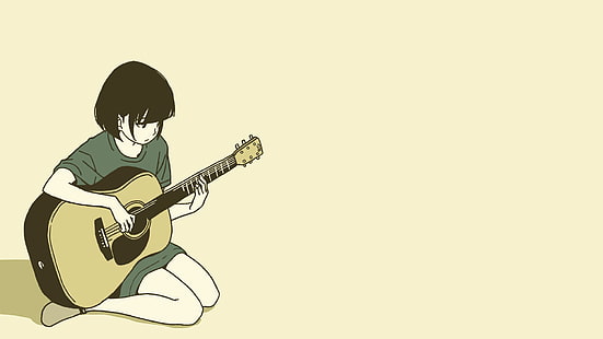 anime dziewczyny, gitara, proste tło, Tapety HD HD wallpaper
