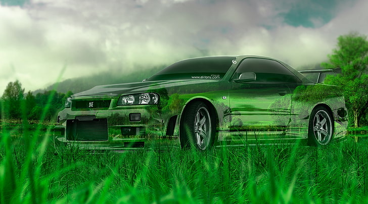 Nissan Skyline GTR R34 Crystal Nature Car..., green coupe, Aero, Creative, HD wallpaper