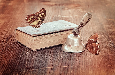 Vintage Book and Butterflies, book page and bell, Vintage, Butterflies, Wood, Bell, Book, Antique, stilllife, retrolook, oldbook, woodentable, HD wallpaper HD wallpaper
