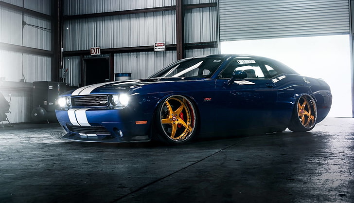 blue Dodge Challenger SRT coupe, Muscle, Dodge, Challenger, Car, Hellcat, SRT, Gold, Low, Wheels, HD wallpaper
