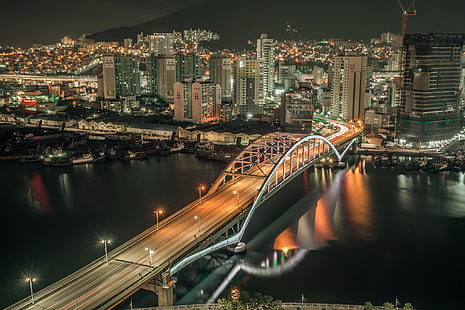 noche, la ciudad, Corea del Sur, Busan, Fondo de pantalla HD HD wallpaper