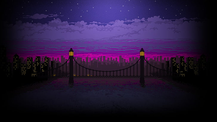 ilustrasi jembatan hitam, seni pixel, malam, jembatan, Punch Club, Wallpaper HD