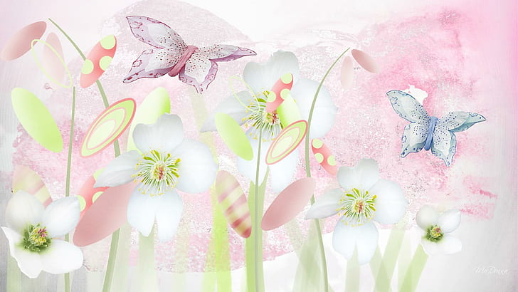Pastel Untuk Musim Panas, firefox persona, fantasi, biru, kupu-kupu, pastel, pink, bunga, 3d dan abstrak, Wallpaper HD
