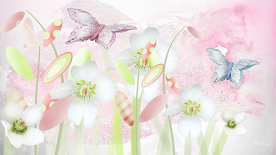 Pastel Untuk Musim Panas, firefox persona, fantasi, biru, kupu-kupu, pastel, pink, bunga, 3d dan abstrak, Wallpaper HD HD wallpaper